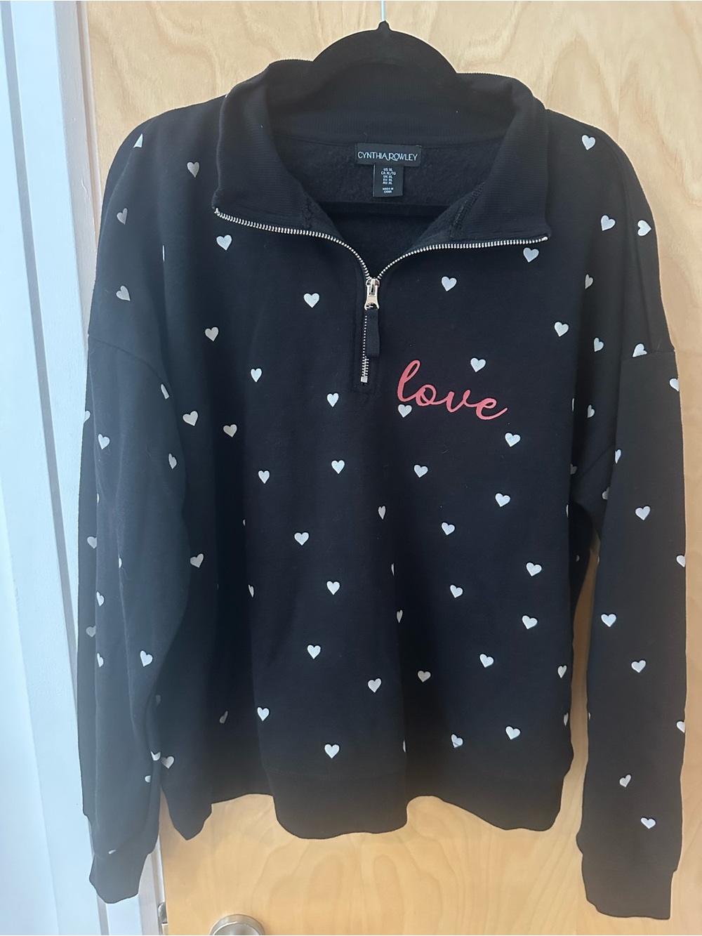 Cynthia Rowley Black Heart-Print Half-Zip Pullover with Pink 'love' Script